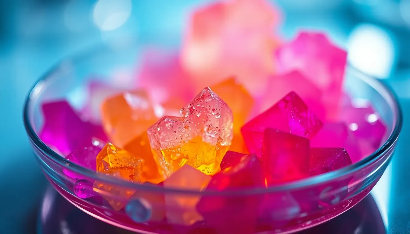 This stunning macro photograph showcases the exquisite beauty of crystal formations in a shallow dish, illuminated by diffused daylight. The vibrant colors of the crystals are striking against the soft background blur, which enhances the intricate textures and patterns found within the transparent materials. Positioned strategically within the composition, the crystals create a captivating focal point, inviting viewers into the fascinating world of chemistry. This image captures both the scientific and artistic value of chemical experimentation.