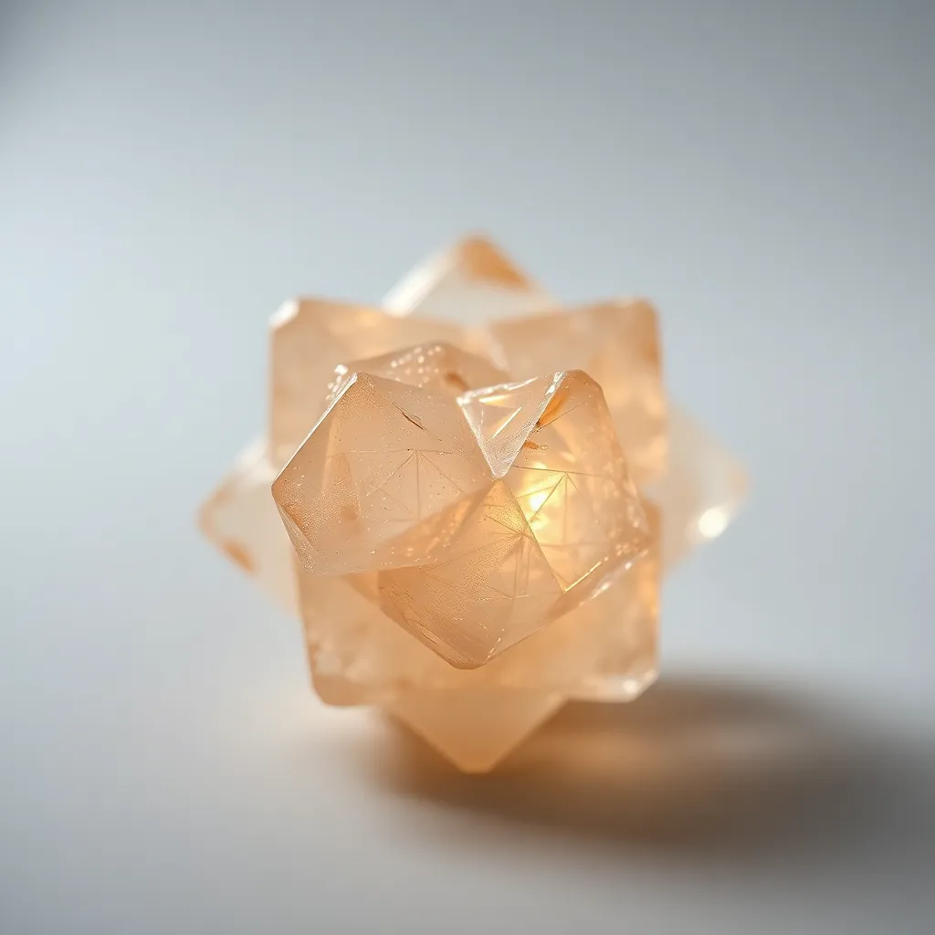 A stunning macro close-up reveals an intricate crystal structure, its patterns mesmerizing and complex. The crystal glistens under soft studio lighting, with warm hues accentuated by a Kodak Portra 400 color palette, creating a sense of elegance. The composition is centered and symmetrical, drawing the viewer's eye directly to the stunning details of the crystal against a muted gray backdrop.