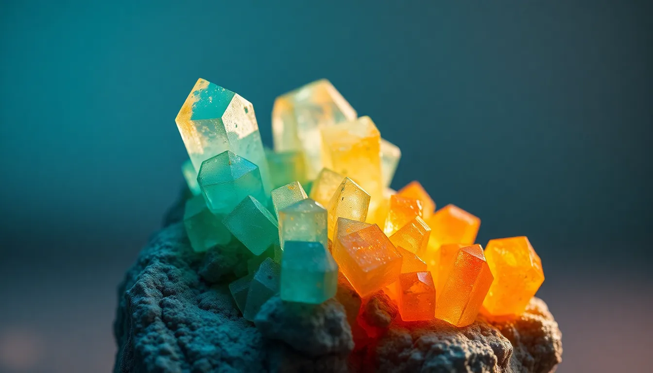 An intricate macro shot captures the vibrant crystalline structure of a mineral specimen, beautifully illuminated by soft studio lighting. The composition highlights the sharp facets and textures of the crystal against a blurred background. With cinematic color grading, the scene evokes a sense of wonder in the natural beauty of chemistry, showcasing the mineral's brilliance.