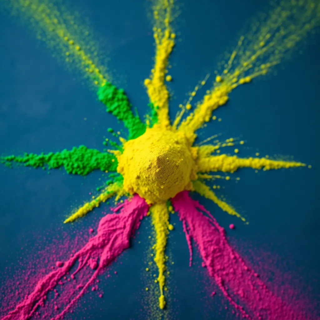 Artistic Arrangement of Chemical Powders This close-up image presents an artistic arrangement of colorful powdered chemicals against a slate background. The vibrant greens, yellows, and pinks showcase the diversity of scientific materials in a creative manner. High-key lighting enhances the vivid colors, while a shallow depth of field draws attention to the fine textures of the powders. The centered composition creates a harmonious visual impact, making it an engaging scene.