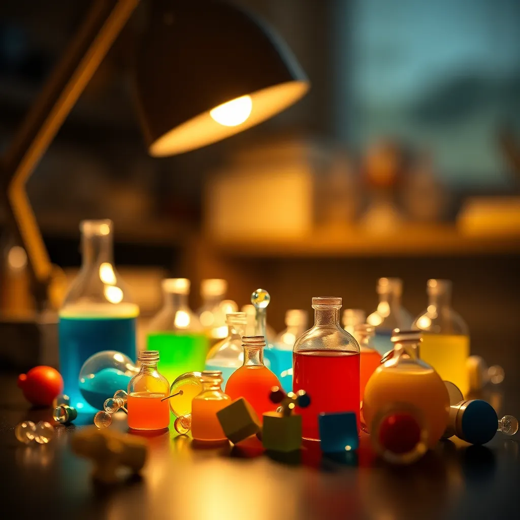 This macro image features a striking arrangement of vibrant chemical compounds illuminated by the warm glow of tungsten light. Each compound's rich colors leap off the frame, contrasting beautifully against the dark surface of the table. The selective focus creates a dreamy bokeh effect in the background, drawing the viewer's attention to the intricate details of each compound. The warm color palette adds an inviting warmth to the scientific subject matter, celebrating the beauty of chemistry.