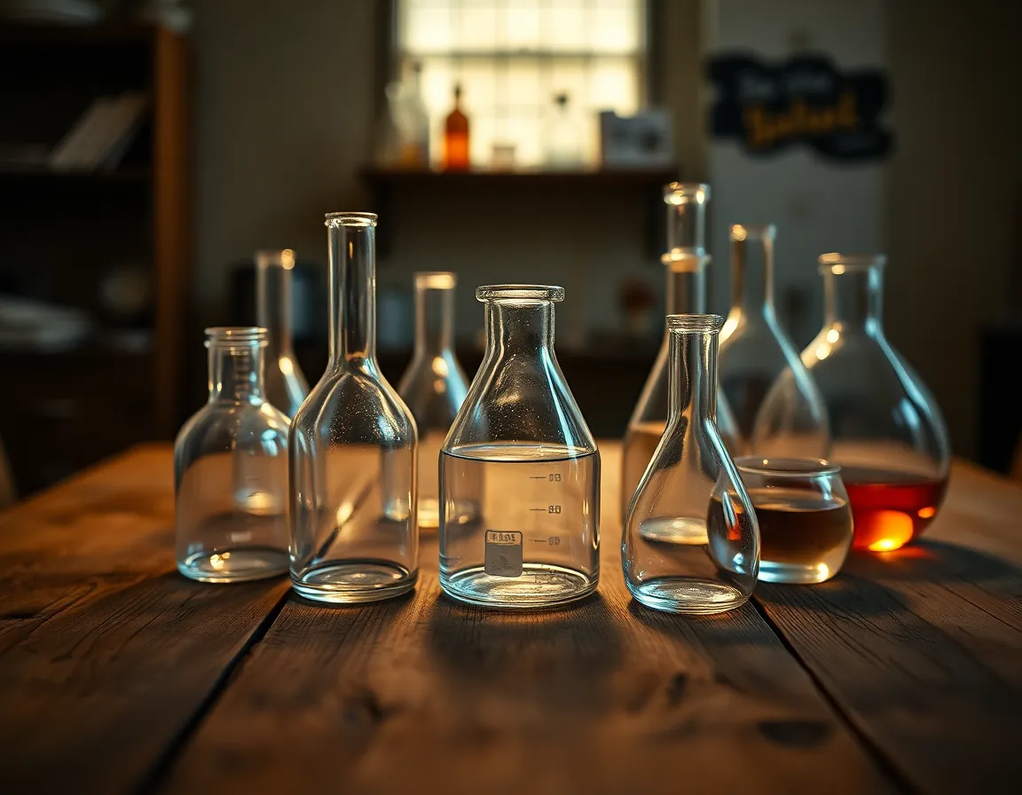 This elegant still life image features an arrangement of laboratory glassware artfully placed on a weathered oak table, illuminated by soft warm tungsten lighting. The warm glow accentuates the intricate textures of both the glass and wood, creating a cozy and inviting scene. The selective focus highlights the glass beakers and flasks, while the background softly blurs into a painterly bokeh. The use of Kodak Portra 400 color science adds warmth and richness, making this image perfect for conveying the beauty of scientific exploration.
