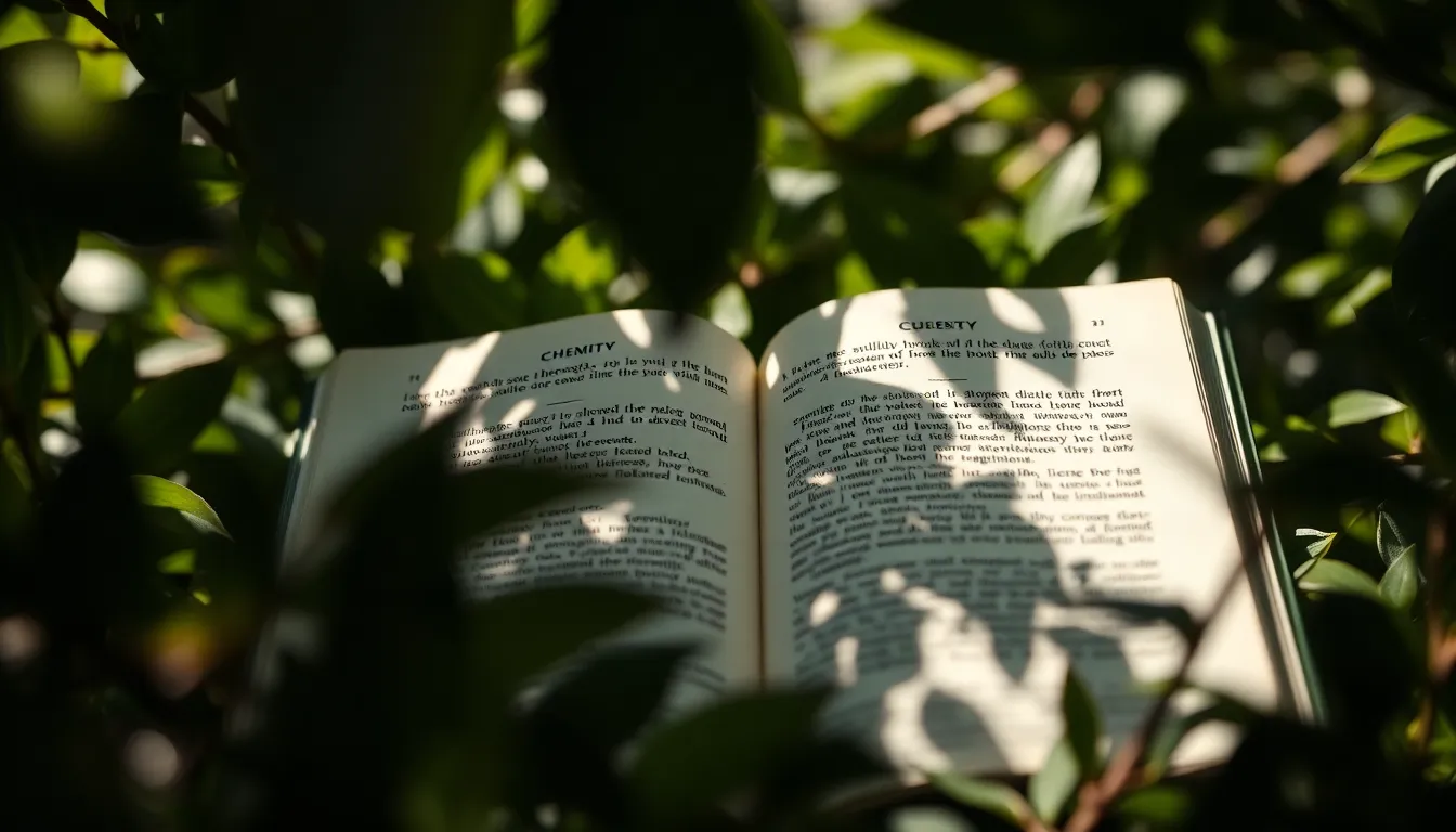 Chemistry Textbook Surrounded by Nature A serene scene featuring an open chemistry textbook resting on the ground, bathed in dappled sunlight filtering through the leaves above. The focused text pops against a soft, blurred background of leaves and earth, creating a harmonious blend between science and nature. This composition not only emphasizes the beauty of learning but also the tranquil environment that inspires it.