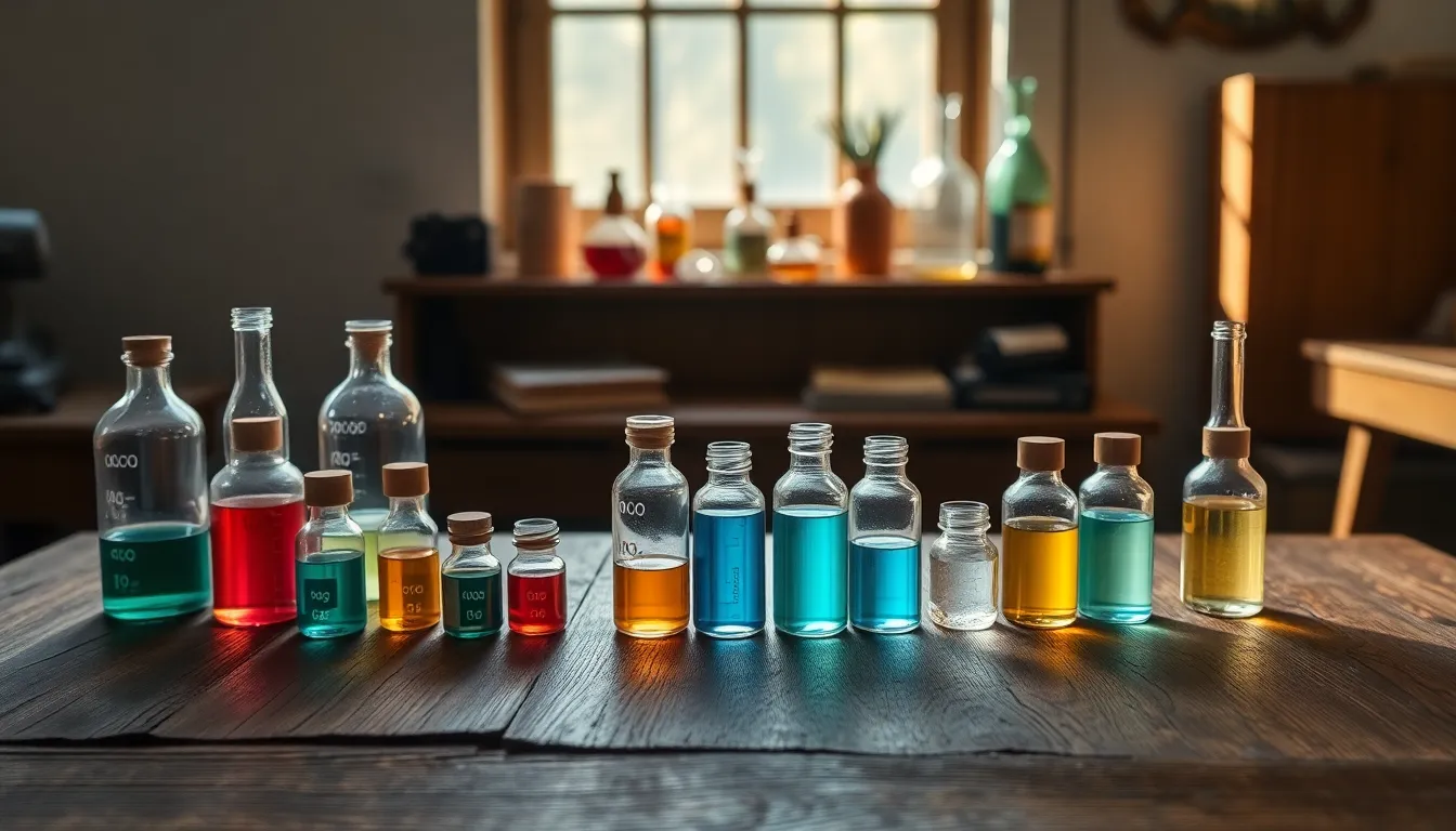 This artistic image presents a visually stunning arrangement of various chemical compounds in glass vials set against a beautifully weathered oak table. Soft natural light filters through a nearby window, enhancing the subtle shadows and inviting warmth of the scene. The earthy tones contrasted with vibrant accents spark curiosity about the substances. A centered symmetrical composition highlights the elegance of the materials, drawing attention to the intricate details of each vial, inviting exploration into the world of chemistry.