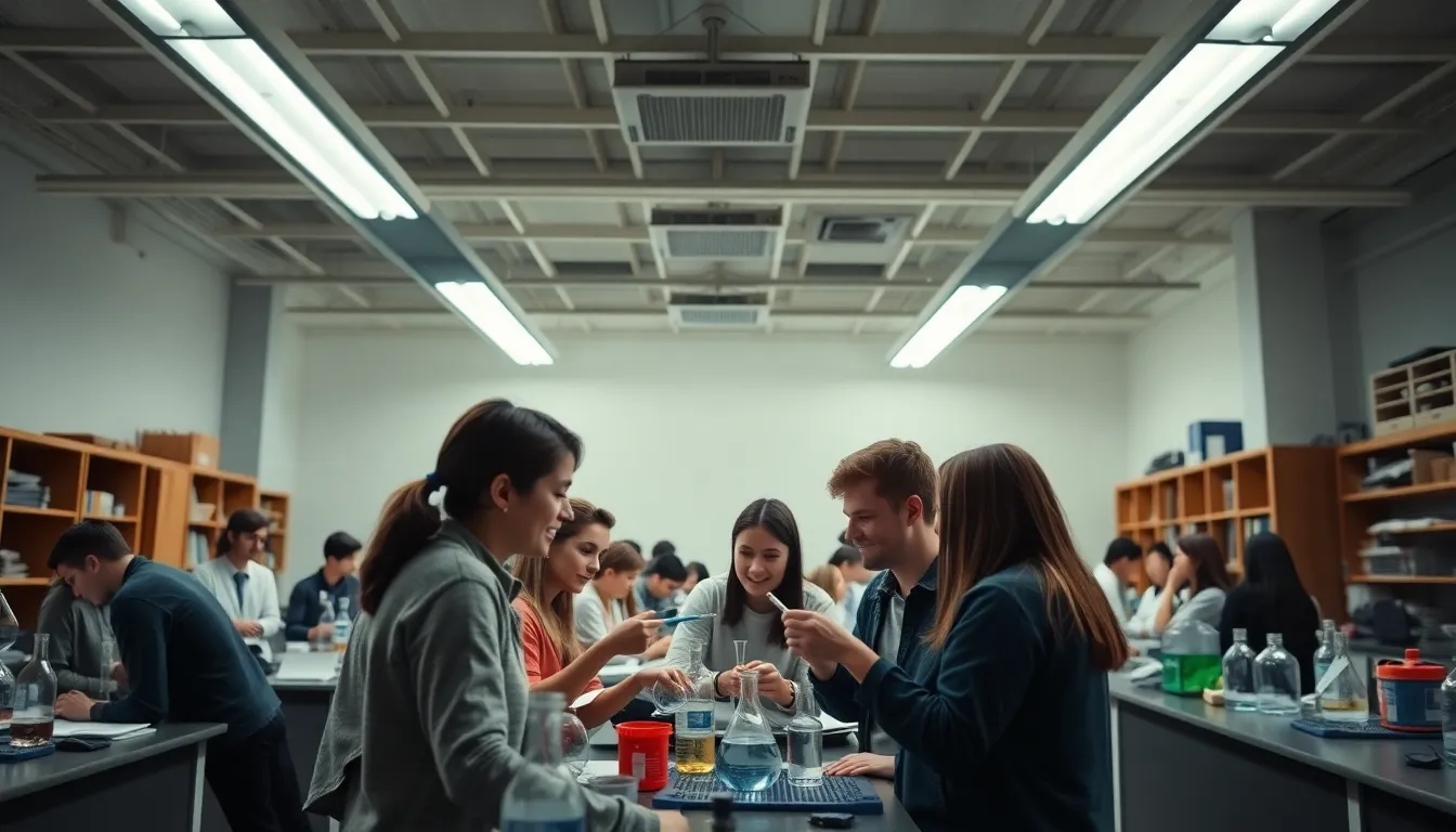 A vibrant chemistry classroom is alive with the energy of students engaged in hands-on experiments. Under the bright overhead lights, a group is focused on a chemical reaction, showcasing collaboration and excitement. The warm and muted tones create a welcoming educational environment, while the shallow depth of field emphasizes the enthusiastic expressions of the students, drawing viewers into their learning experience.
