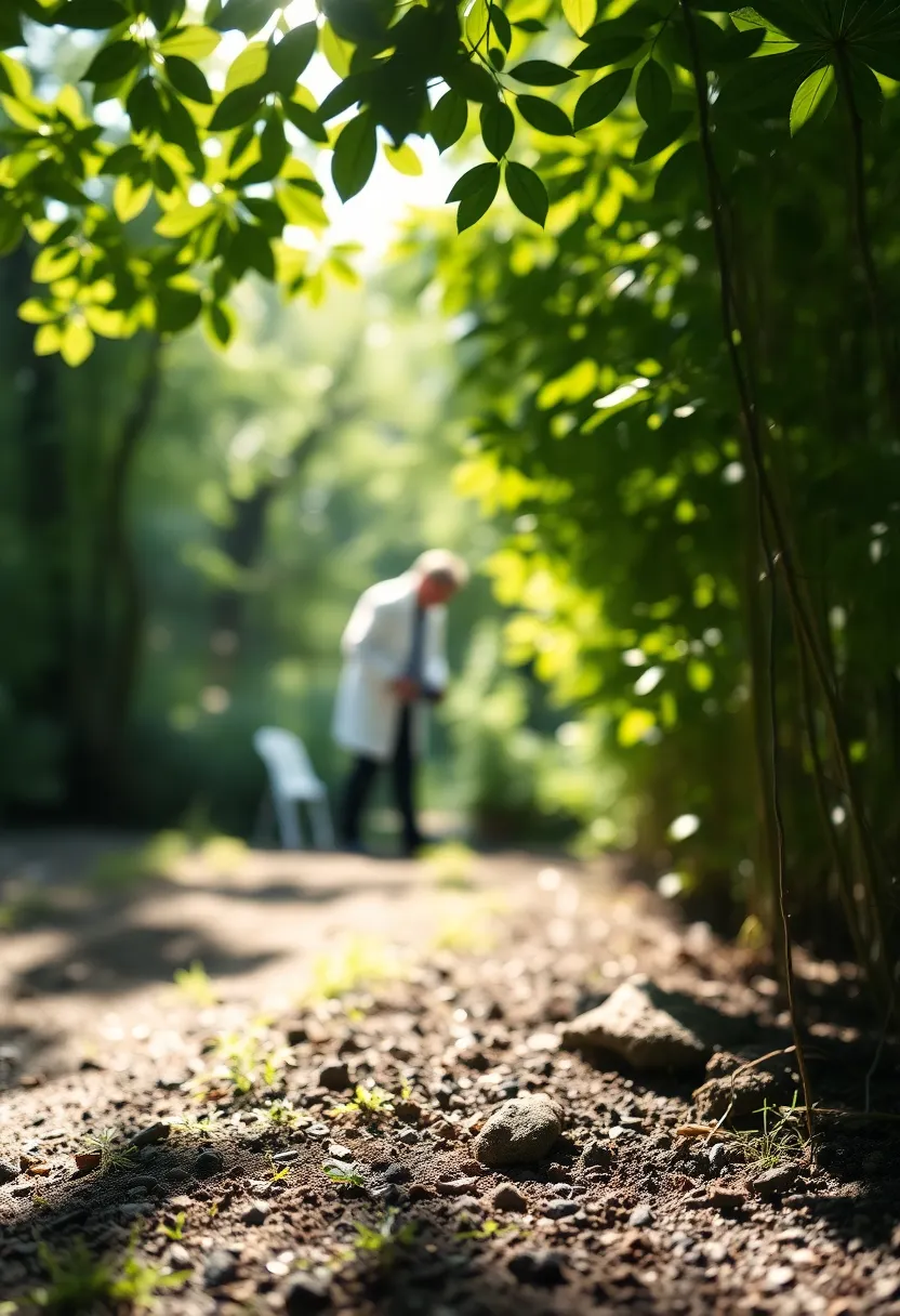 Scientist Collecting Soil Samples in Nature In a tranquil botanical garden, a scientist gathers soil samples amidst lush greenery. The early morning light filters through the leaves, casting dappled shadows that enhance the organic feel of the environment. The muted earth tones of the scene reflect the natural aspects of chemistry conducted outdoors. The thoughtful composition positions the scientist engagingly within the frame, guiding the viewer’s eye through the serene landscape.