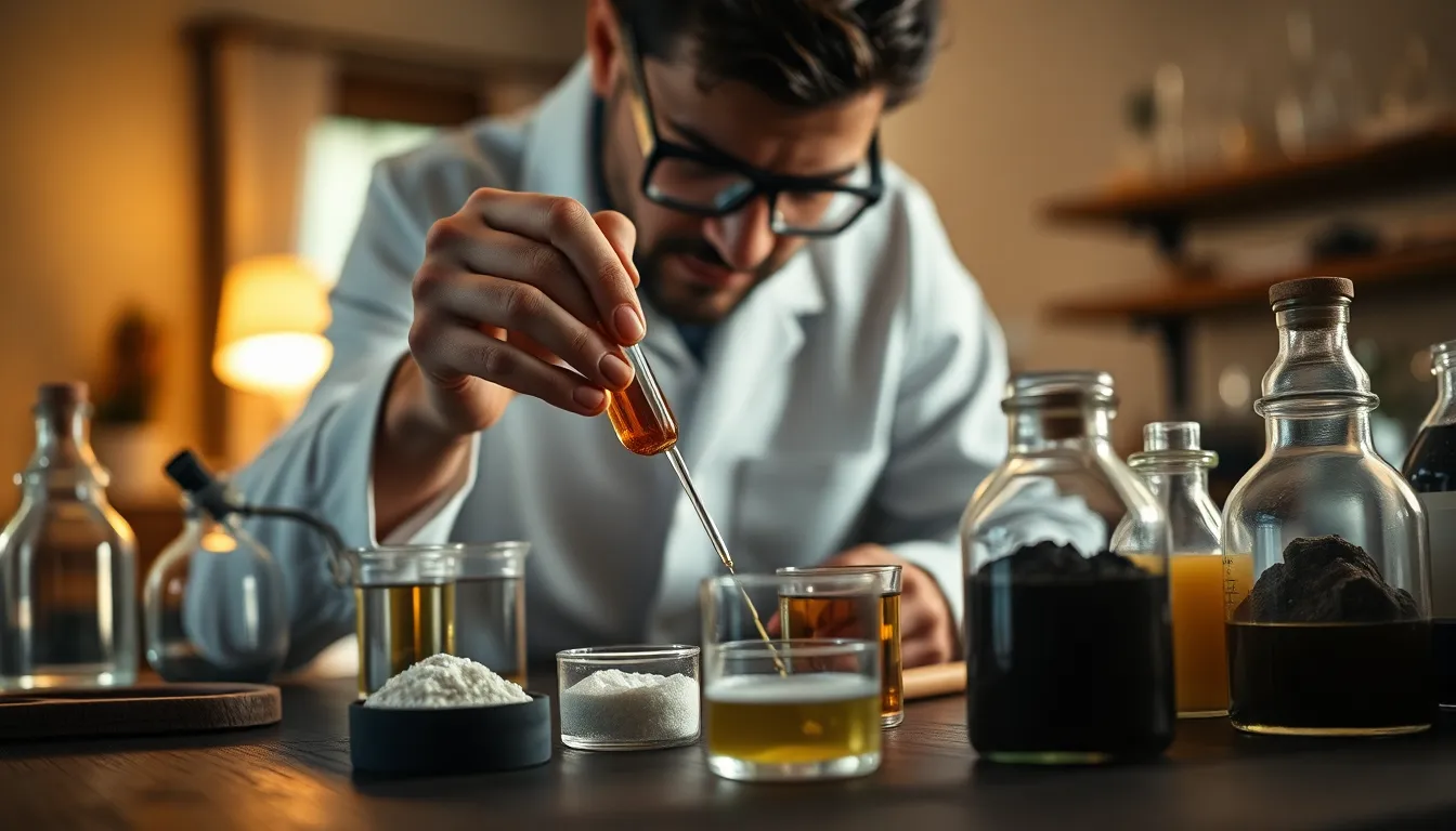 A chemist is carefully measuring out precise amounts of chemicals on a rustic wooden workbench under warm tungsten lighting, providing an intimate view of their meticulous work. The calm atmosphere is enhanced by muted tones, bringing a sense of serious concentration. The focus is on the chemist's skilled hands and the textures of the various substances, while the soft background invites contemplation of the scientific process.