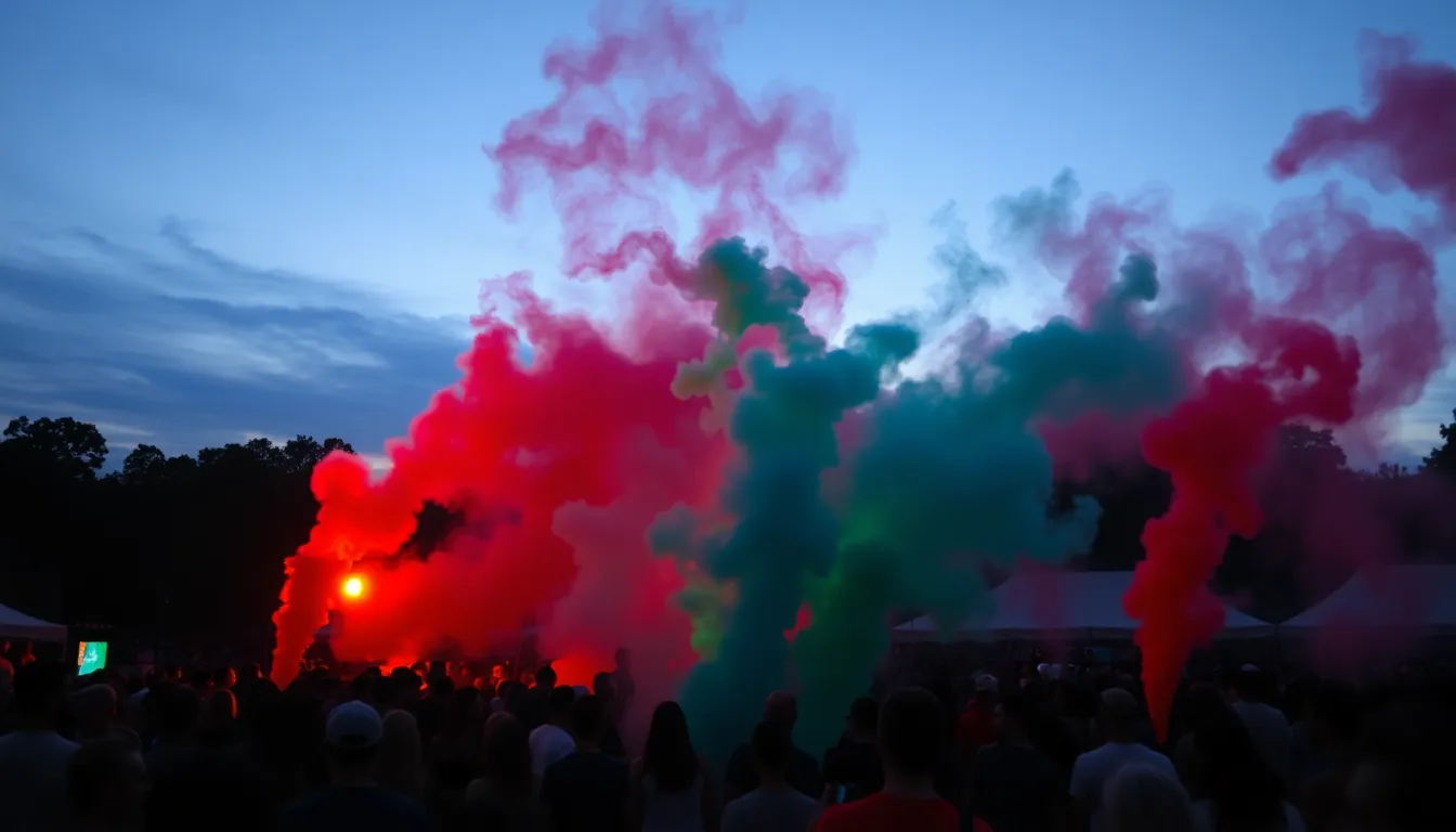 Outdoor Chemistry Demonstration with Colorful Smoke This dynamic outdoor scene features a chemistry demonstration, where colorful smoke bombs create vivid trails in the twilight sky. The dramatic dusk lighting enhances the excitement of the moment, while the crowd in the foreground adds context to the experiment. Rich colors of red, green, and blue bring energy to the image, making it visually striking. The use of a telephoto lens captures the action with impressive detail, suitable for educational and event photography.