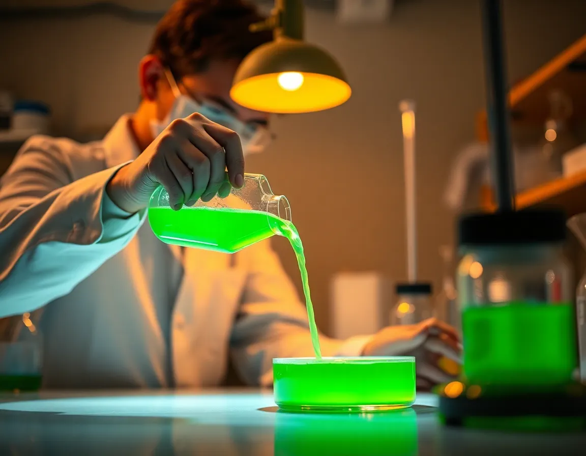 A focused scientist dressed in a lab coat carefully pours a bright green solution into a petri dish, illuminated by warm tungsten light from above. The image captures a moment of intense concentration in the laboratory, with the vibrant green solution contrasting beautifully against the muted tones of the surrounding equipment. The depth of field is masterfully managed, keeping both the scientist and the colorful liquid sharply in focus. This dynamic composition is not only visually appealing but also a perfect representation of the scientific process.