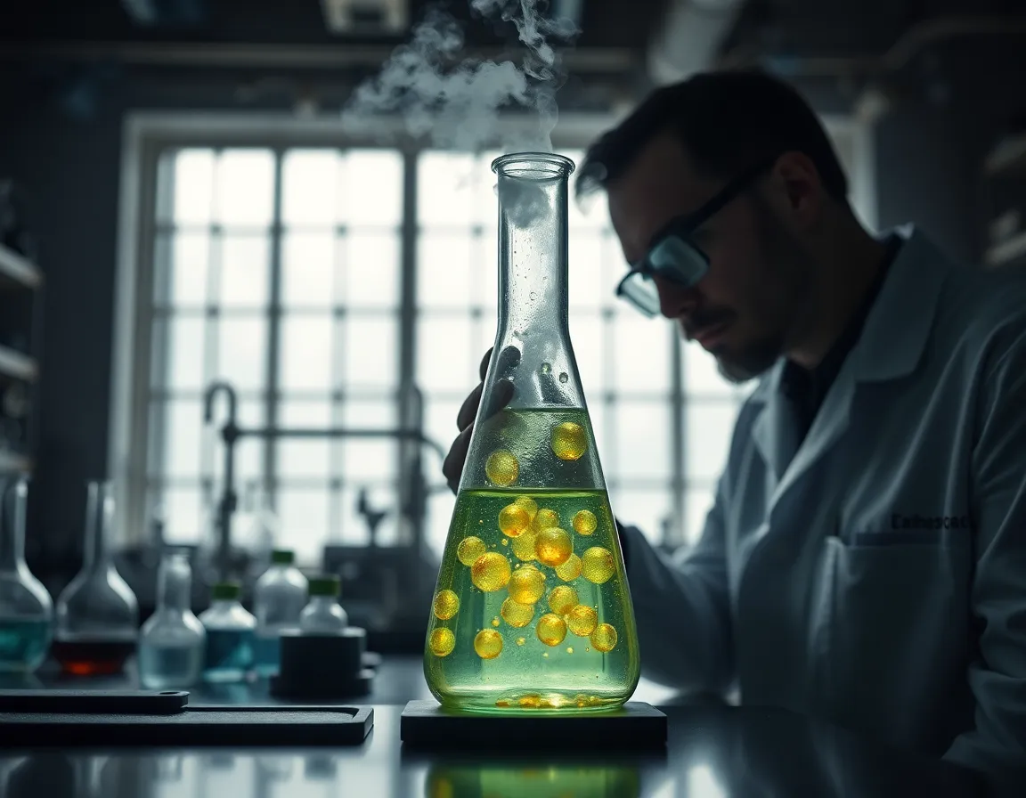 Dramatic Chemical Reaction in a Laboratory In an industrial lab setting, a chemist observes a dramatic chemical reaction in a flask, complete with swirling smoke and vibrant bubbles. The overcast daylight streaming through windows enhances the cool tones and steely grays of the environment. The centered composition highlights the intense moment of discovery, drawing attention to the foreground flask while the lab equipment gently fades into the background. This scene captures the essence of scientific exploration.