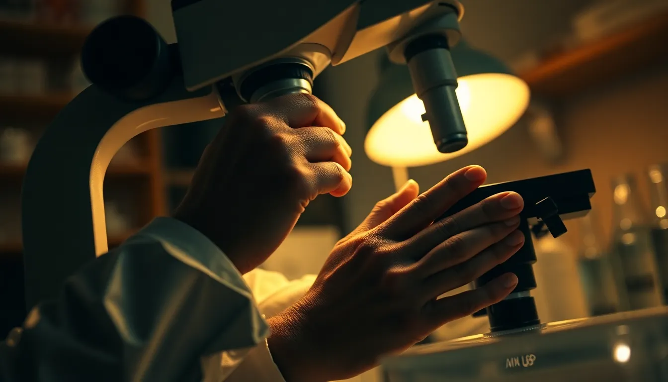 This intimate photograph showcases a chemist's hands diligently working with a microscope in a softly lit laboratory. The warm tungsten light contributes a cozy ambiance, drawing attention to the intricate details of the microscope and glass slides. The muted color palette heightens the professional tone, while leading lines guide the viewer's eye to the hands, illustrating precision and dedication in scientific inquiry. This close-up perspective provides a glimpse into the meticulous nature of chemistry.