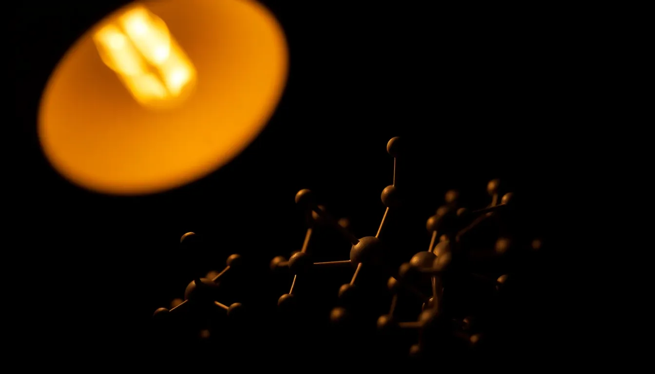 An exquisite close-up of molecular structures against a deep black background, lit by warm tungsten light. The intricate details and textures of the molecules are sharply rendered, inviting viewers to explore their complexity. This stylized representation highlights the elegance of chemistry at a microscopic level, merging science with artistry. The warm glow enhances the depth and richness of the scene.