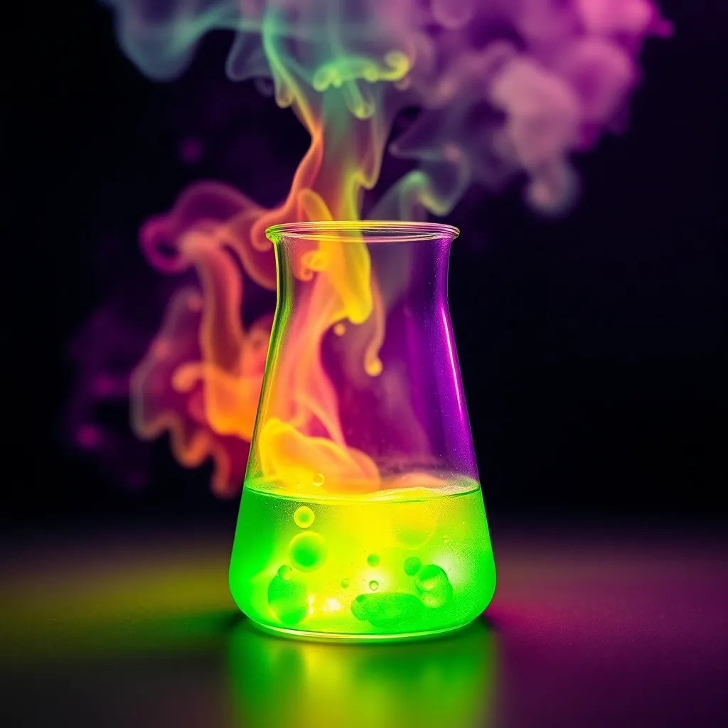 A close-up view of a dramatic chemical reaction occurring in a clear beaker, showcasing vibrant colors of gas emissions. A single spotlight emphasizes the reaction against a dark background, enhancing the vibrant green and purple hues. The image captures the excitement of chemistry in action, highlighting the intricate details of the bubbling liquid and the glass beaker.
