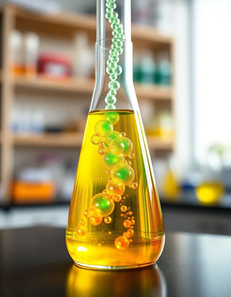 This macro image captures an eye-catching laboratory flask filled with a vibrant chemical mixture, producing colorful gas bubbles. Bright, diffused daylight illuminates the scene, emphasizing the clarity and vibrancy of the fluid within. The softness of the background emphasizes the dynamic reaction taking place in the flask, while the colors of yellow, green, and blue evoke a sense of wonder. The composition draws viewers in, inviting them to explore the fascinating world of chemistry.