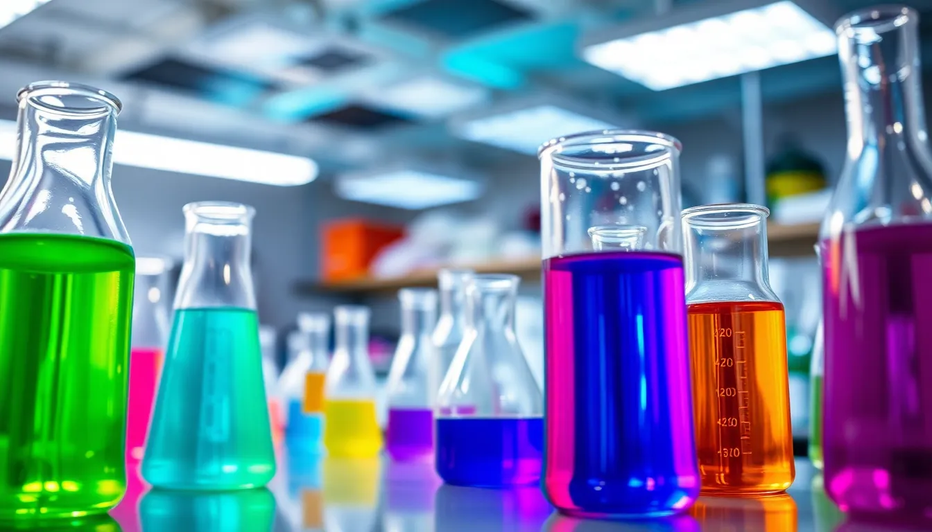 This dynamic image showcases a lively chemistry lab, where glass beakers filled with vibrant liquids catch the eye. The bright overhead lighting emphasizes the colorful hues, creating a captivating atmosphere. Soft bokeh in the background draws focus to the intricately detailed glassware, displaying the textures and reflections beautifully. The composition effectively highlights the experimental nature of the scene, inviting the viewer into the world of scientific exploration.