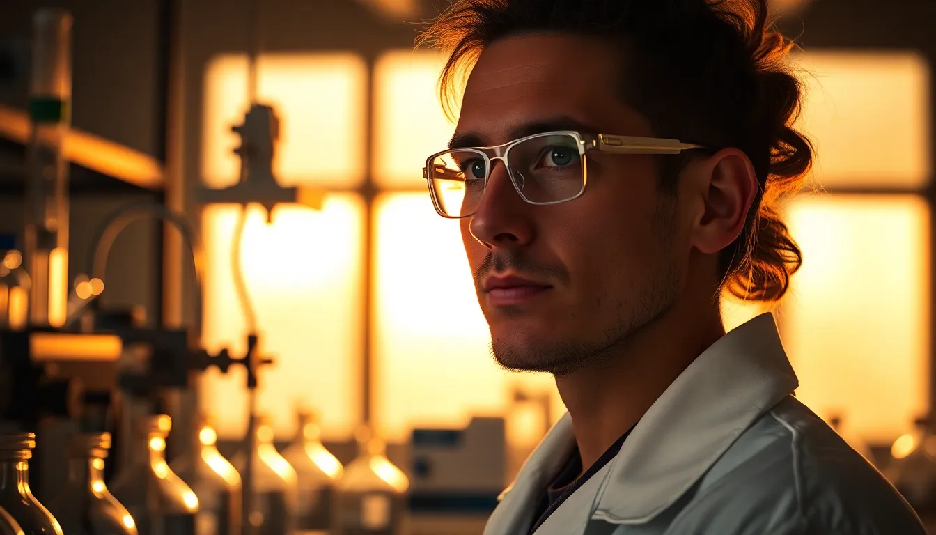 A focused chemist in a contemporary laboratory setting, illuminated by warm golden hour light. The chemist, dressed in a crisp white lab coat, examines a lit vial filled with a vibrant blue solution. The soft bokeh of lab equipment in the background adds depth to the scene, while the natural muted tones create a serene atmosphere. This image embodies the precision and creativity of scientific exploration.