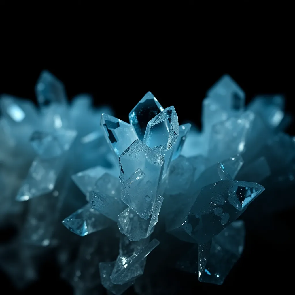 This macro shot presents a stunning close-up of intricate chemical crystals against a dark background. Illuminated by natural side lighting, the crystals glisten with an array of deep blues and delicate iridescent highlights. The shallow depth of field isolates the subject beautifully, while the centered symmetrical composition emphasizes the captivating details and textures of the crystals, creating a visually striking image that showcases the beauty found in chemistry.