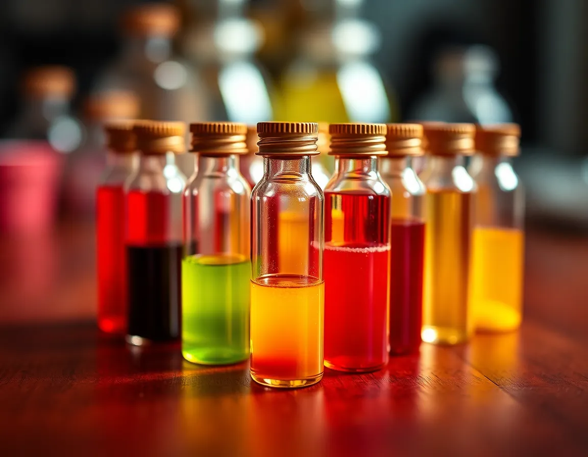This stunning macro image showcases an array of glass vials filled with vibrant chemical compounds. The soft studio lighting accentuates the rich red and yellow hues of the liquids, creating a visually striking display. With a shallow depth of field, the vials are beautifully isolated against a blurred background of rich wooden texture, adding warmth to the scene. Perfect for portraying the artistry and vibrancy of chemistry.