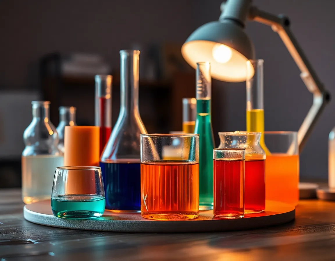 This stylish still life captures an arrangement of laboratory glassware, each piece filled with colorful solutions, set against a rich textured wooden table. The warm light from a tungsten desk lamp casts a cozy atmosphere while ensuring sharp focus across all elements. The composition is thoughtfully arranged, creating an inviting scene that highlights the elegance of scientific equipment.