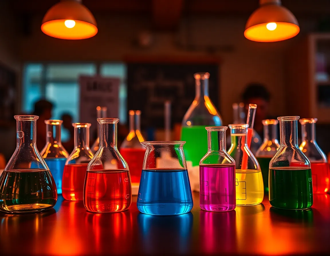 This inviting image showcases a chemistry-themed table setup ready for a demonstration, filled with an array of glass beakers and colorful solutions. Warm tungsten lighting casts a cozy glow, enhancing the vibrant colors of the chemicals. A shallow depth of field focuses sharply on the glassware in the foreground while the background softly blurs into bokeh, creating an engaging visual narrative. The arrangement follows leading lines that draw the viewer’s eye, inviting them to explore the intricacies of the setup.