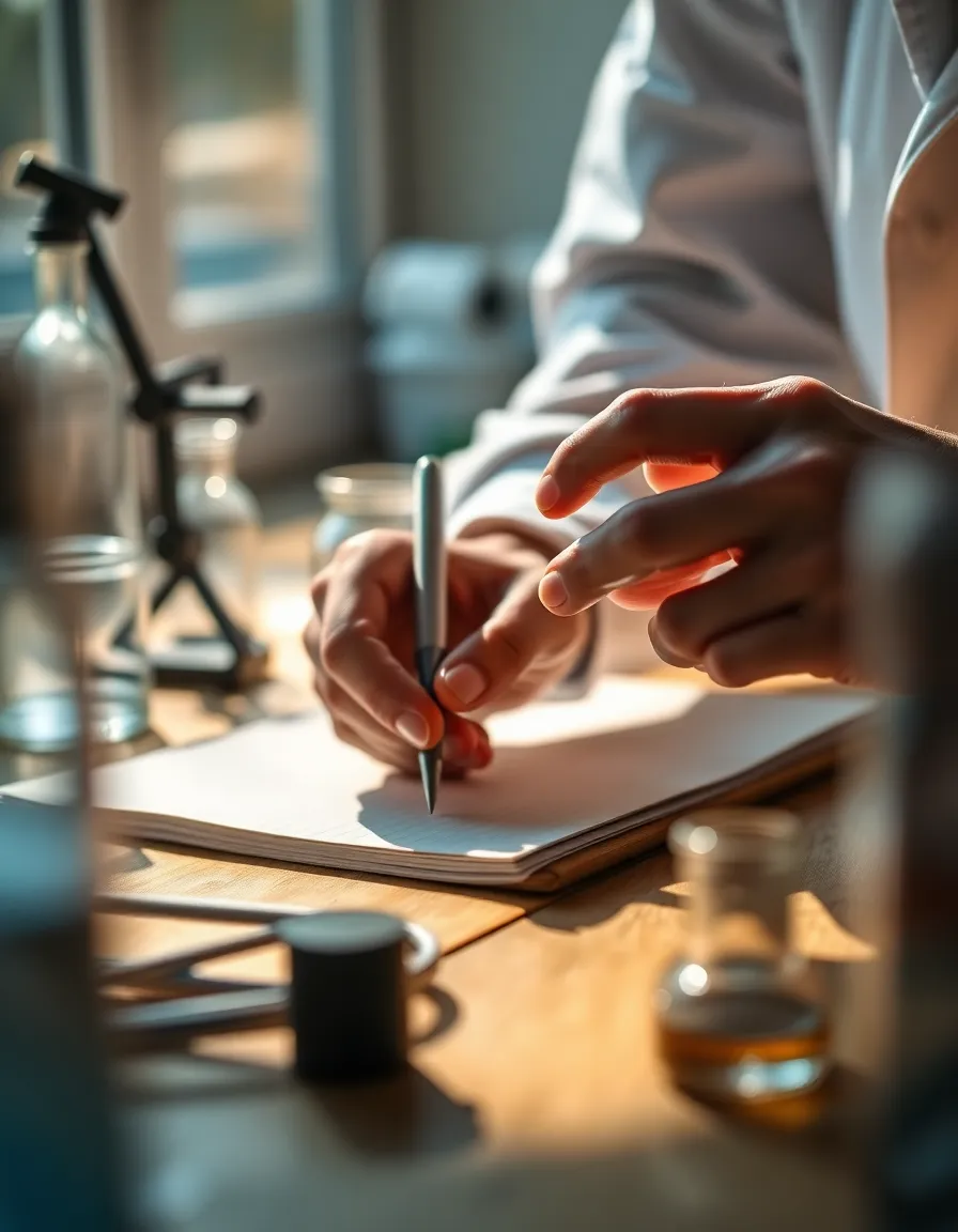 This enchanting image features a young scientist immersed in a chemistry experiment captured during golden hour, where warm sunlight creates a magical atmosphere. The focus is on the subject mixing colorful powders in a petri dish, their expression reflecting curiosity and dedication. The blurred garden backdrop enhances the vivid colors of the powders, while soft bokeh adds a dreamlike quality to the scene. This captivating portrayal of outdoor science evokes a sense of wonder and exploration.