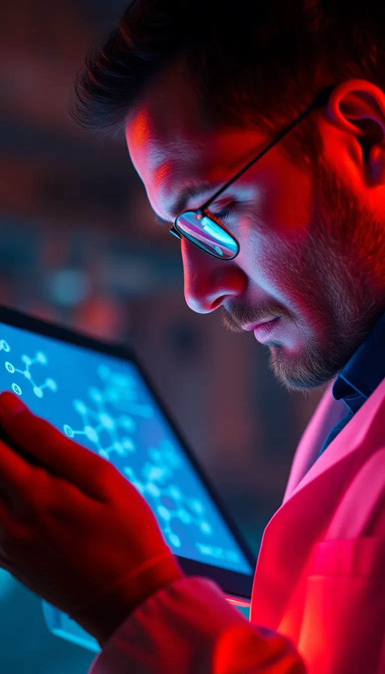 A chemist engrossed in analyzing complex molecular structures displayed on a digital tablet captures the essence of modern scientific research. The cool blue LED light provides an ambient glow, setting a high-tech atmosphere. With a shallow depth of field, the tablet's vivid display is sharply in focus, while the background softly blurs away, enhancing the subject. The striking color contrast, with teal and orange hues, adds visual interest, making this an ideal representation of contemporary chemistry and technology.
