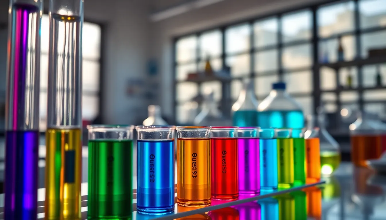 In a bright laboratory, vivid chemical reactions are taking place in glass test tubes lined on a sleek rack. Natural light filters through large windows, illuminating the vibrant colors of the liquids and creating a lively atmosphere. The composition guides the viewer's gaze toward the dynamic experiments, while the sharp focus captures the intricate details of the glass and liquid textures, enhancing the interplay of science and color.