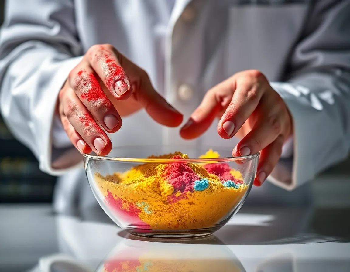 This image captures a close-up view of a scientist's hands skillfully mixing chemicals in a glass beaker. The dramatic studio lighting creates striking contrasts that highlight the intricate details of the hands and the reflective surface of the glass. A shallow depth of field draws attention to the mixing process, while the softly blurred background contributes to the scene's focused ambiance. The overall color palette features natural, muted tones, emphasizing the organic connection between the scientist and their work.