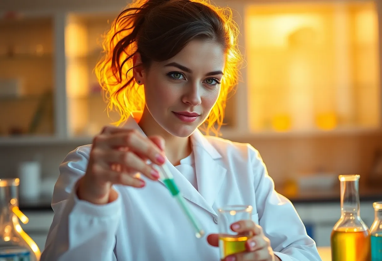 Scientist Mixing Chemicals in the Lab A dedicated scientist, dressed in a white lab coat, is captured mixing colorful chemicals during the golden hour. The soft, warm backlight creates an inviting atmosphere and highlights her focused expression. The vibrant colors of the glassware stand out beautifully against the warmer tone of the setting sun. This engaging scene effectively communicates the passion and precision of scientific experimentation.