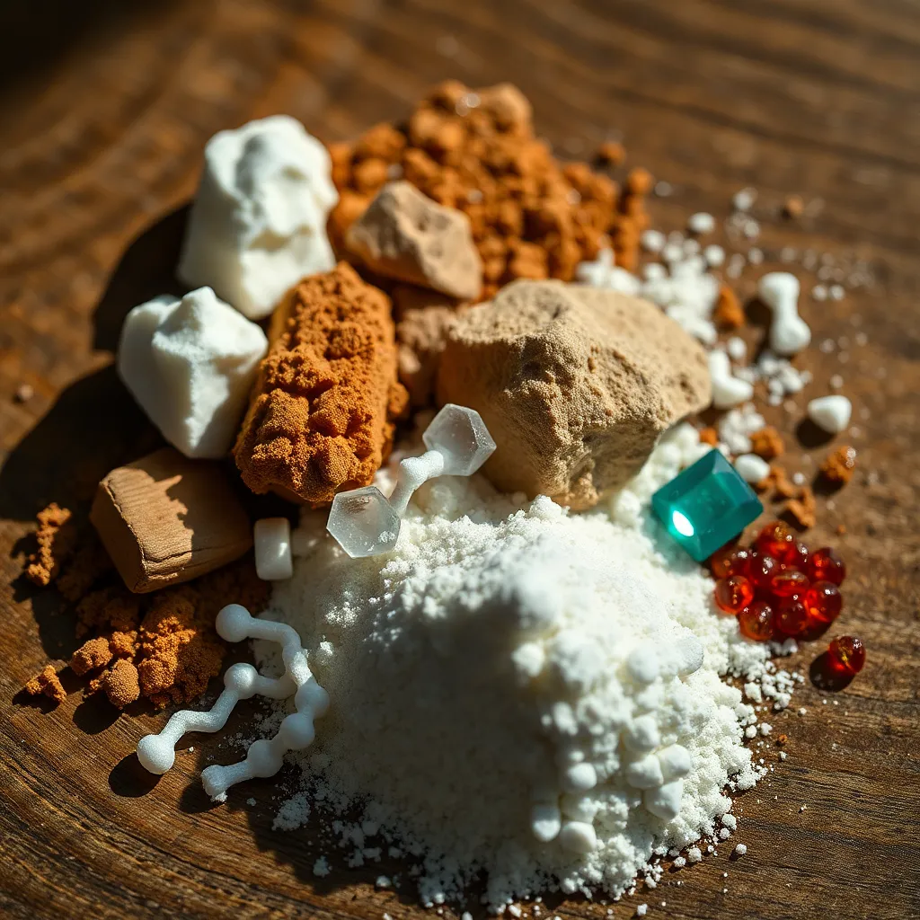 This close-up image beautifully presents a collection of colorful chemical compounds arranged artfully on a textured wooden surface. Dramatic Rembrandt lighting brings out sharp contrasts, revealing the crystalline structures and fine powders in crisp detail. The muted earthy tones of the wood complement the vibrant colors of the compounds, creating a visually harmonious scene. The shallow depth of field invites viewers to focus on the scientific intricacies, showcasing the artistry present in chemical experimentation.