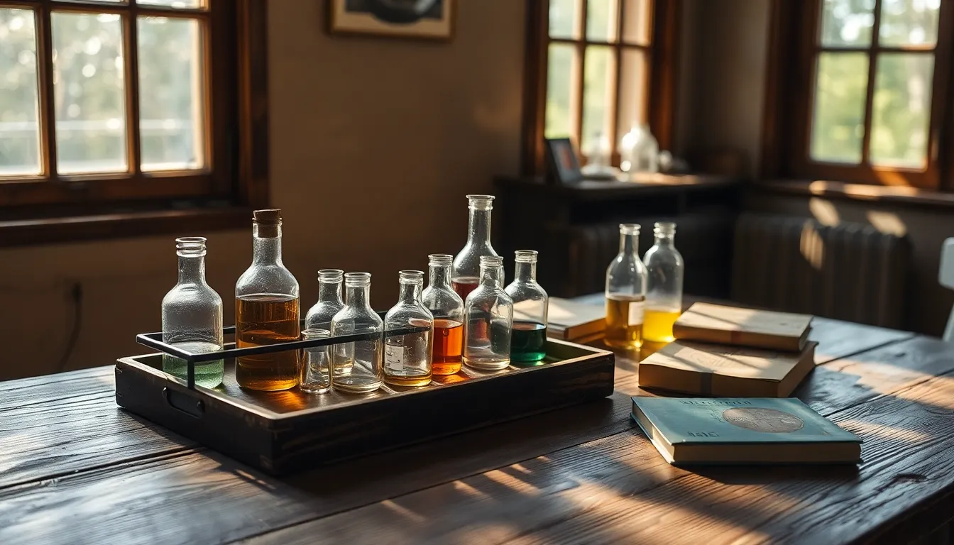 A vintage chemistry set displayed on a weathered wooden table, beautifully illuminated by natural light. The scene is rich in texture, featuring aged glass vials and well-worn chemistry books, creating an inviting nostalgic atmosphere. Dappled sunlight filters in, enhancing the warm, earthy colors of the surroundings. This image invites viewers to appreciate the historical significance and beauty of chemical experimentation.