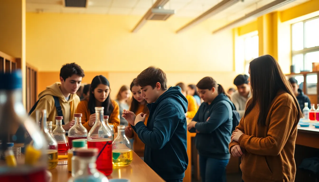 This lively image captures a chemistry classroom filled with engaged students conducting experiments together. Warm tungsten lighting casts a cozy glow, illuminating their focused expressions as they collaborate on scientific tasks. The shallow depth of field isolates the students from the colorful materials and equipment, emphasizing their teamwork and concentration. The warm, inviting color palette creates a friendly atmosphere, reflecting the excitement of learning and discovery in the world of chemistry.