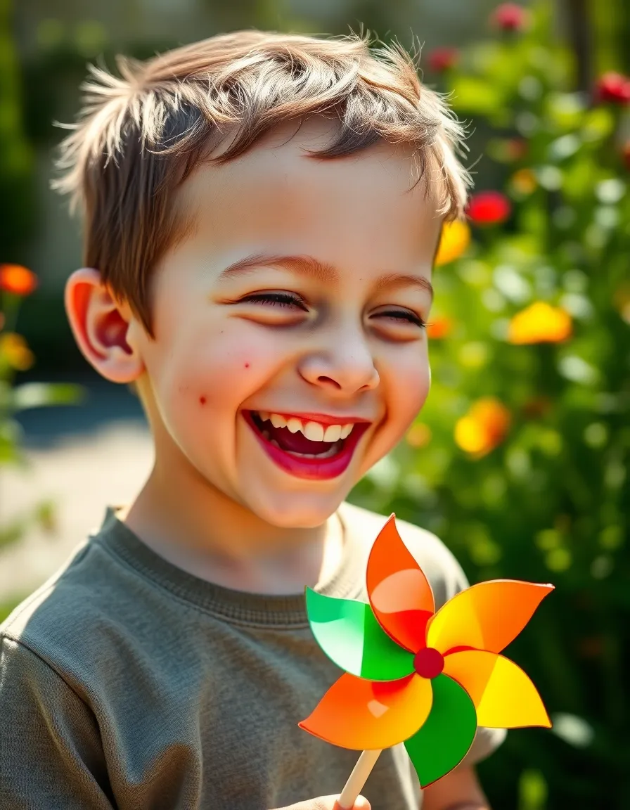 This delightful close-up portrait captures a young boy with freckles, joyfully laughing while holding a colorful pinwheel in a sunny garden. The dappled sunlight enhances the scene, creating a playful atmosphere that evokes childhood joy. With a shallowed depth of field focusing on his expressive face, the vibrant colors of the garden and pinwheel add to the overall warmth of the image. The boy’s centered pose and charming smile radiate happiness, making this a captivating shot.