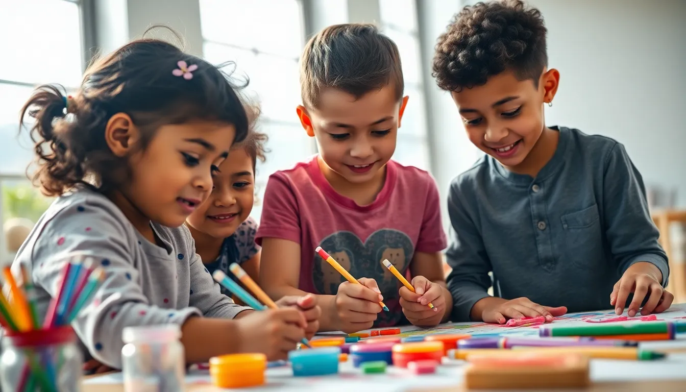 This engaging image captures a diverse group of children collaborating on a colorful art project in a bright, airy space. Soft, diffused daylight filters through large windows, creating a warm and inviting atmosphere. With shallow focus on their joyful expressions, the vibrant colors of paints and papers evoke a sense of creativity and collaboration. The slight Dutch angle adds dynamic tension, emphasizing the energy and enthusiasm of the moment as they work together on their artistic endeavors.