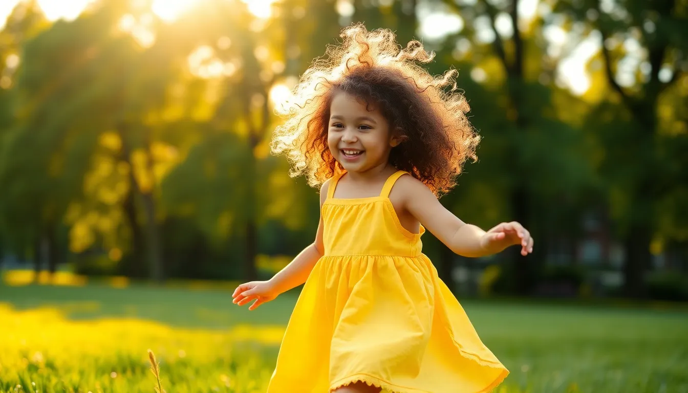 This photorealistic image captures a joyful young girl playing in a sunlit park, wearing a bright yellow sundress. The golden hour backlighting creates a warm and inviting atmosphere, emphasizing her curly hair and radiant smile. The shallow depth of field adds a dreamy quality, while the vibrant greens complement her playful spirit. Positioned using the rule of thirds, she brings energy to the serene outdoor setting.
