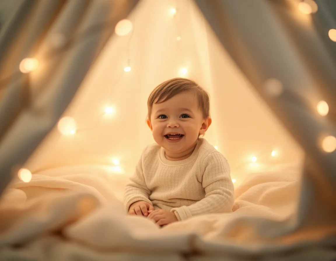 This heartwarming image features a toddler sitting in a cozy blanket fort, illuminated by soft fairy lights. The warm glow creates a magical atmosphere, while the child's delighted expression captures the innocence of childhood. With selective focus and a tranquil pastel palette, the scene evokes feelings of safety and comfort. The fabric fort surrounds her, framing a moment of pure joy and imagination.