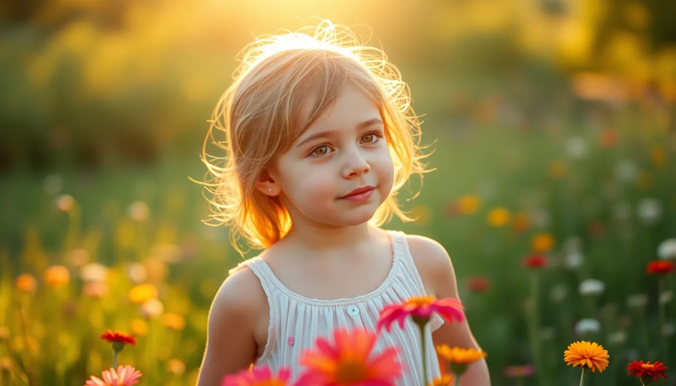 A young girl in a vibrant sundress joyfully playing in a sun-drenched field of wildflowers during golden hour. The warm backlighting creates a beautiful rim light around her, enhancing her cheerful expression and natural skin texture. The soft focus background filled with colorful flowers complements the warm, inviting atmosphere of the scene, making it evoke feelings of childhood joy and innocence.
