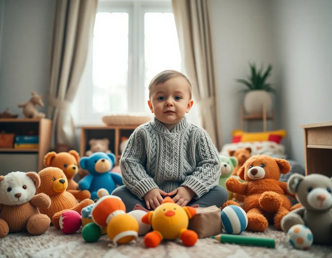 This image features a young child sitting on a soft carpet in a cozy, brightly lit room, surrounded by an array of vibrant toys. The diffused light from the overcast sky creates a tranquil mood, enhancing the soft textures of the knitted sweater and plush toys. The child’s focused expression reflects their engagement in play, while the muted color palette adds warmth and comfort to the scene. The symmetry in the composition draws the viewer's eye directly to the child.