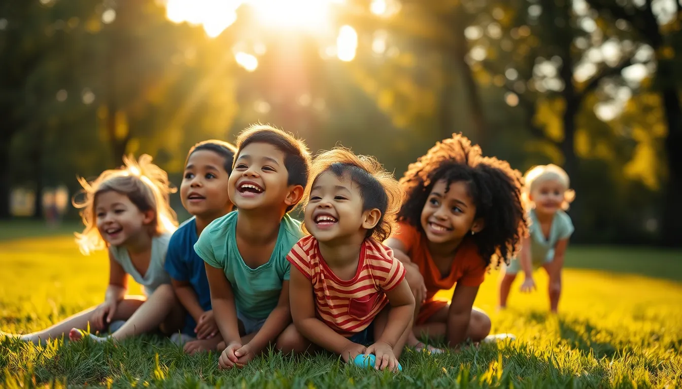 A lively scene of children from various backgrounds playing together in a park during golden hour. The children, with radiant smiles, are illuminated by soft, warm light creating a whimsical atmosphere. Their diverse clothing reflects a rainbow of colors, complementing the lush green grass and trees surrounding them. This image captures the essence of childhood joy and camaraderie in a beautiful natural setting.