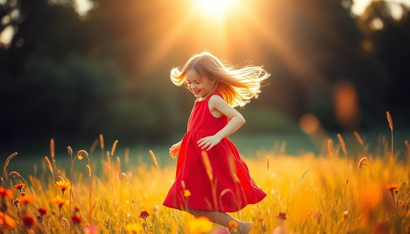 This enchanting image captures a young girl in a vibrant red dress spinning joyfully in a sunlit meadow, surrounded by colorful wildflowers. The warm golden hour light creates a magical atmosphere, beautifully accentuating her hair and the soft textures of her dress. A shallow depth of field focuses on her joyful expression, while the blurred flowers add a dreamy quality to the scene. This vibrant depiction of childhood joy is perfect for family and lifestyle themes.