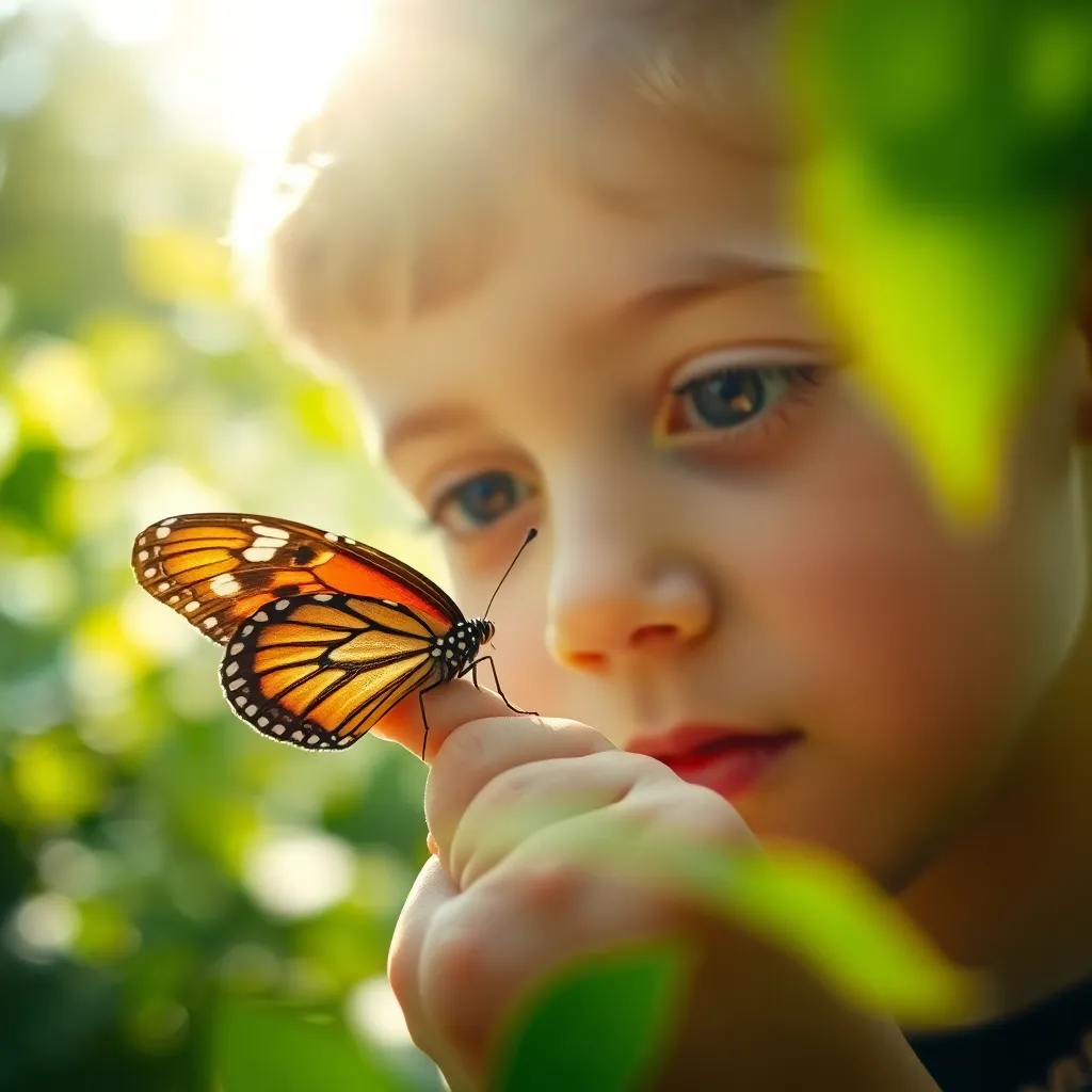 This captivating close-up image captures a young boy in a moment of wonder as he examines a delicate butterfly resting on his finger. Soft, diffused sunlight creates a tranquil atmosphere, enhancing the pastel colors of the scene. The focus on the boy's facial expression showcases his awe and connection to nature, while the blurred background provides a gentle, soothing contrast. The intricate details of the butterfly’s wings and the boy’s skin texture add depth, making this moment feel both intimate and magical.