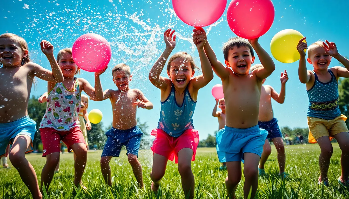 This vibrant image showcases a group of children in mid-action during a joyful water balloon fight on a sunny summer day. Sunlight reflects off sparkling water droplets, capturing the excitement and energy of the moment. A Dutch angle composition adds dynamism, while the saturated colors of their swimwear and the lush green grass make the scene pop. The texture of the wet grass blends with the playful atmosphere, perfectly encapsulating the essence of childhood fun in the summer.