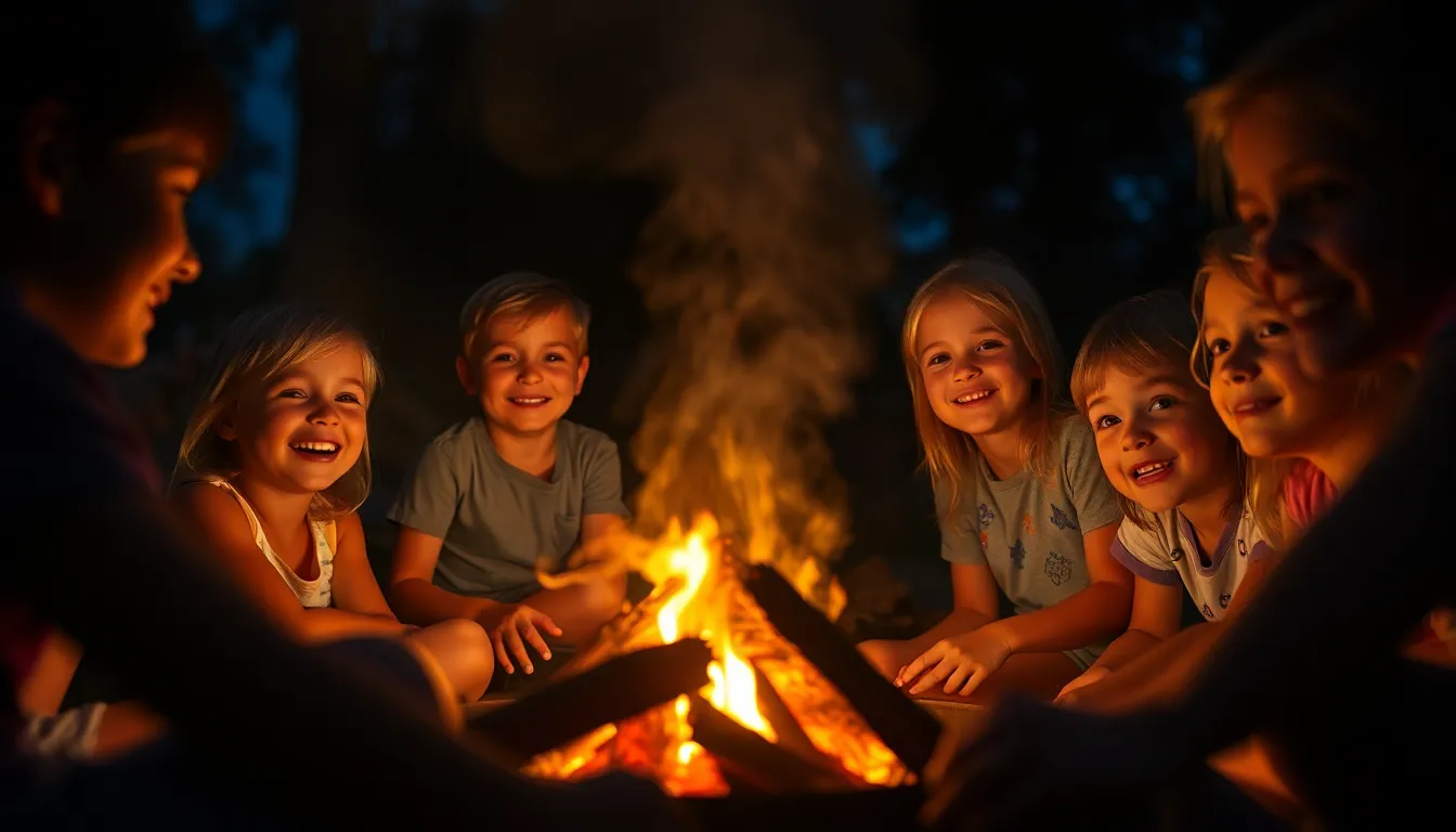 On a warm summer night, a group of children sits in a circle around a flickering campfire, their faces illuminated by the warm glow. Laughter and stories fill the air as they enjoy their time together under the starry sky. The rich oranges of the fire contrast beautifully with the deep blues of the night, creating a magical ambiance that evokes feelings of friendship and adventure.