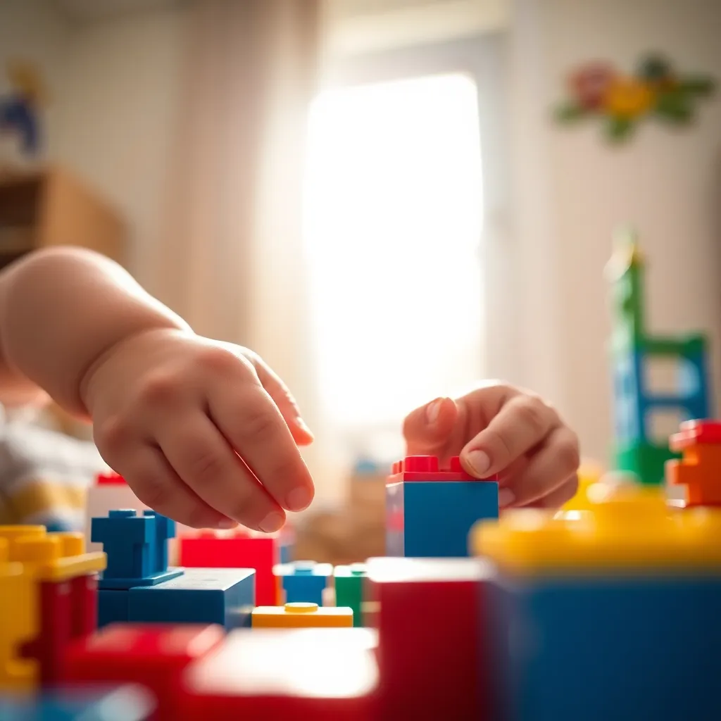 This intimate close-up captures a toddler's hands immersed in a world of colorful building blocks. The warm, natural light enhances the vivid hues of the blocks, creating a cheerful atmosphere. The focus on the child's hands emphasizes the delicate texture of their skin and the playful nature of childhood. This image encapsulates the beauty of early learning and creativity through play.