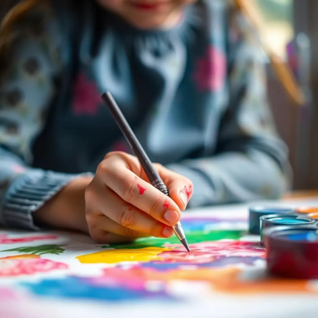 An intimate close-up of a young girl's hands as she focuses on creating a vibrant watercolor painting. The soft natural light enhances the rich colors of the paints, while her paint-stained fingers reveal a passion for art. The blurred background adds a dreamy quality to the scene, immersing the viewer in her colorful world of creativity. This image captures the essence of childhood artistry, celebrating imagination and self-expression.