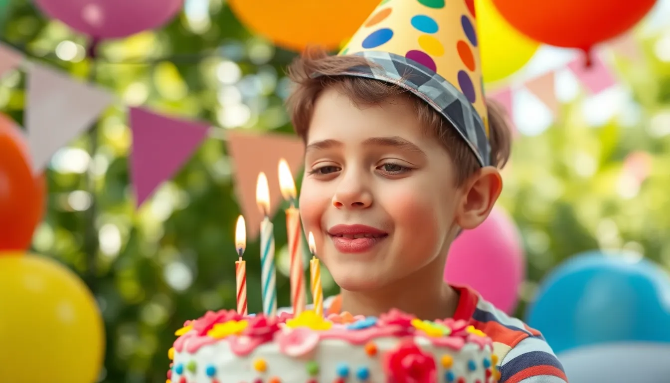 At a lively summer birthday party, a young boy in a colorful party hat joyfully blows out the candles on his cake, surrounded by a burst of balloons and decorations. The bright primary colors and soft pastels create a festive backdrop filled with excitement. His natural skin texture and delighted expression convey the joy and innocence of childhood celebrations. The centered composition emphasizes the cake, capturing a moment of joy and festivity.