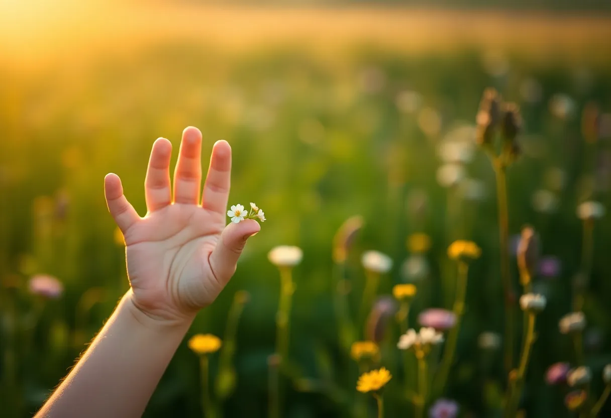 A child's small hand delicately holds a vibrant wildflower, captured in a lush field during the golden hour. The soft golden backlighting accentuates the colors of the flower and the rich greens of the surrounding grass. Selective focus draws attention to the child's hand, creating a tender moment filled with wonder and innocence. This image beautifully conveys the connection between children and nature.