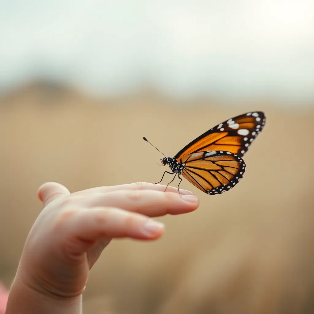 A close-up image captures a child's hand gently cradling a butterfly, showcasing the delicate beauty of nature and the innocence of childhood. The soft, diffused daylight enhances the serene mood, while the muted earth tones evoke a sense of tranquility. This intimate moment highlights the child's fascination with the natural world, drawing attention to the intricate details of the butterfly's wings and the smooth skin of the hand. The shallow depth of field creates a dreamy backdrop, further emphasizing the connection between the child and the butterfly.
