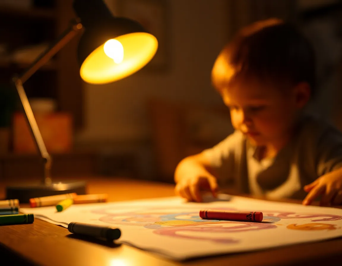 A focused child engaged in art, illuminated by the warm light of a desk lamp. The shallow depth of field softens the background while the intricate details of the child's colorful artwork take center stage. The richness of the warm tones invites a cozy, creative atmosphere, showcasing both the child's enthusiasm and the vibrant textures of the materials used.