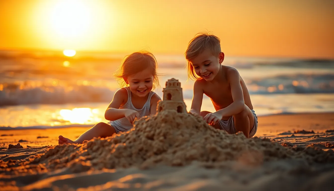 A heartwarming scene of siblings immersed in building a sandcastle on a beautiful beach during sunset. The golden hour light casts a warm glow over the scene, capturing the joy and cooperation of the moment. Their concentration is palpable as they shape the sand, with waves gently lapping in the background. This image beautifully portrays a timeless childhood memory, filled with happiness and the spirit of camaraderie.